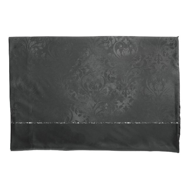 Housse D'oreillers Minuit Onyx Romance | Black Satiny Grunge Damask (devant)