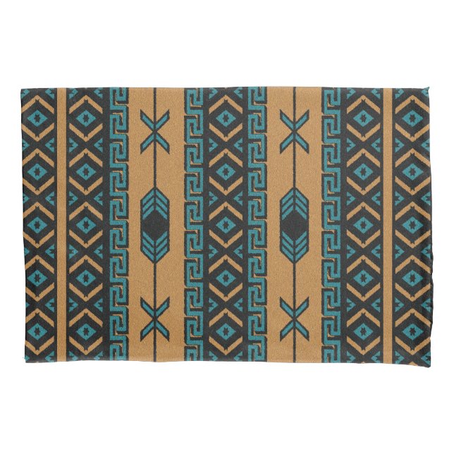 Housse D'oreillers Modèle Aztèque Noir Tan Et Turquoise (devant)