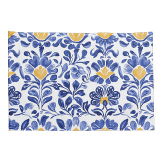 Housse D'oreillers Modèle Floral Bleu & Or Méditerranéen