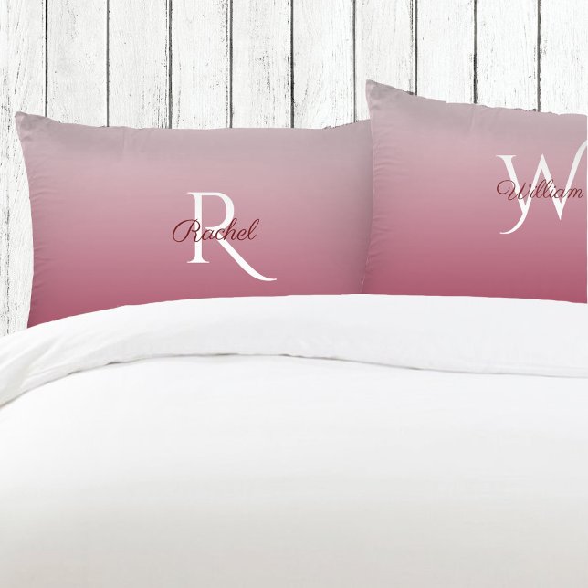 Housse D'oreillers Monogram Burgundy Ombre Gradient Mariage Couple (Créateur téléchargé)