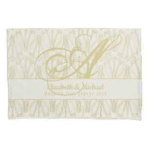Housse D'oreillers Monogram Gold ArtDeco Newlyweds Mariage Élégant