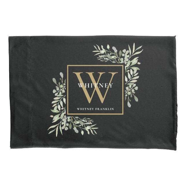 Housse D'oreillers Monogramme d'or noir Élégant vert moderne (devant)