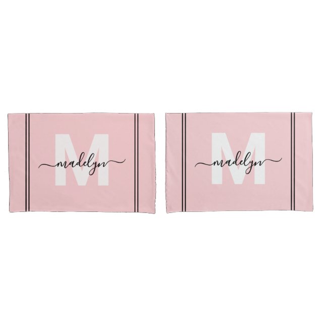 Housse D'oreillers Monogramme du nom en écriture rose blush (devant-Set)