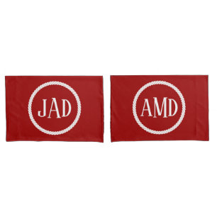 Housse D'oreillers Monogramme nautique Cercle de corde rouge foncé