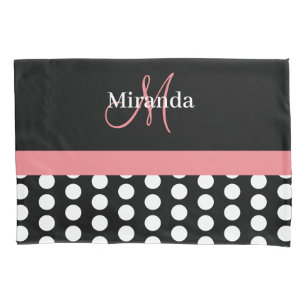 Housse D'oreillers Monogramme rose noir Polka Dot Std