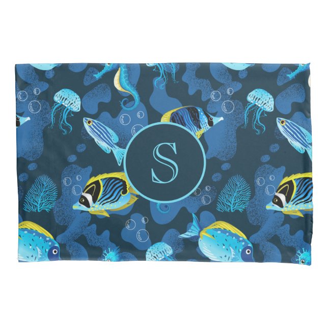 Housse D'oreillers Monogramme Tropical Blue Yellow Fishes Illustratio (devant)