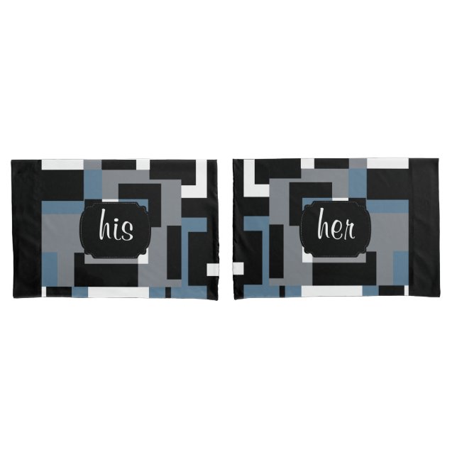 Housse D'oreillers Motif Abstrait bleu, noir et blanc (devant-Set)