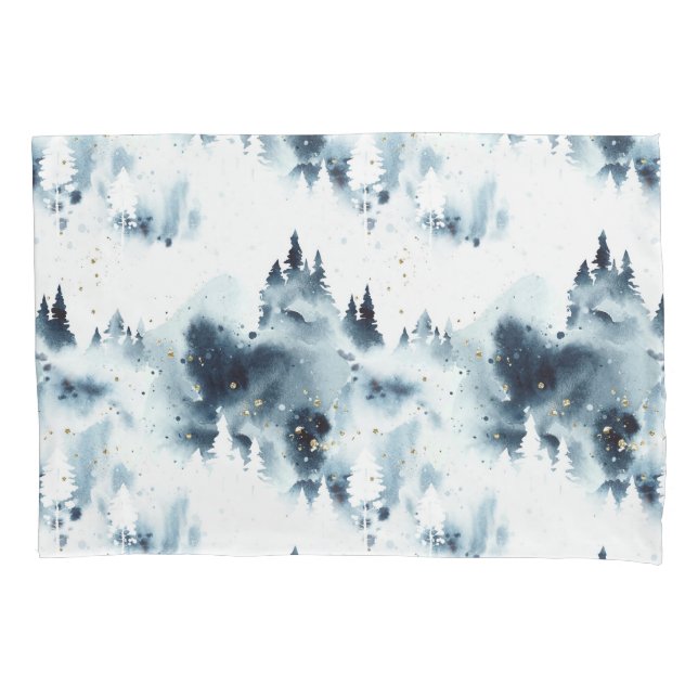 Housse D'oreillers Motif d'aquarelle de la forêt bleue de minuit (devant-gauche)