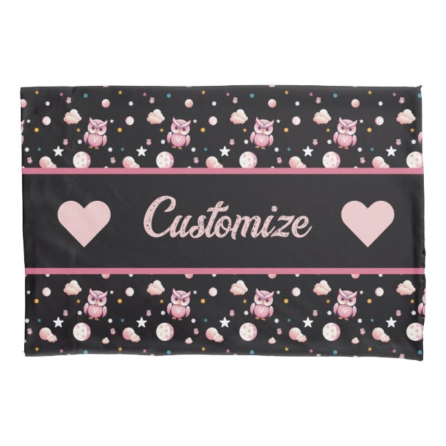 Housse D'oreillers Motif de la lune de Chouette rose (devant-gauche)