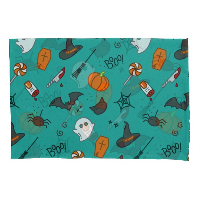 Housse D'oreillers Motif de style plat Halloween Turquoise. (devant)