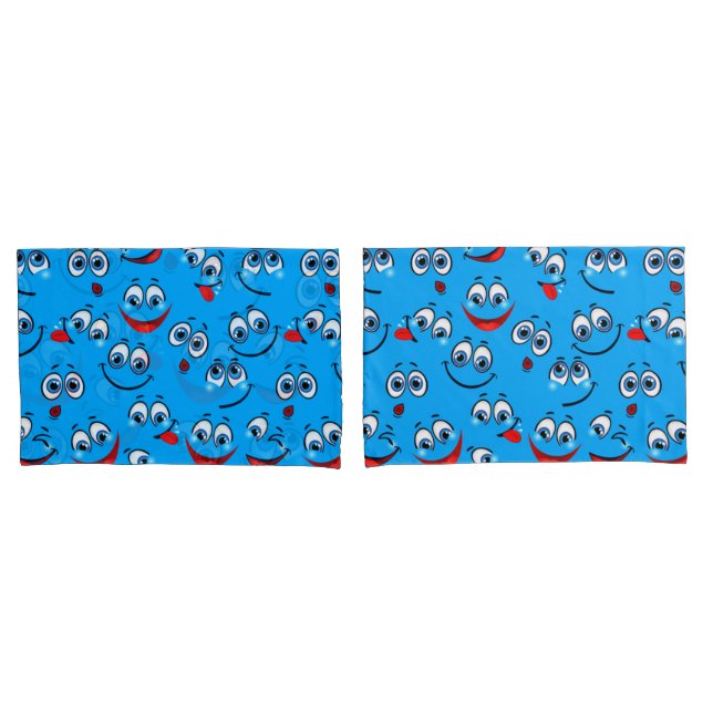 Housse D'oreillers Motif de visage de dessin bleu (devant-Set)