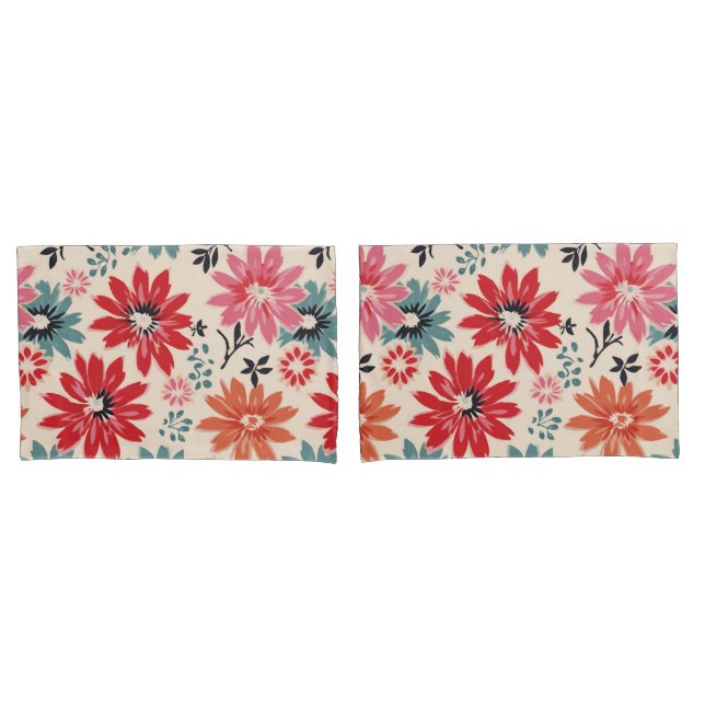 Housse D'oreillers Motif Fleur Rétro Rouge Orange Bleu (devant-Set)