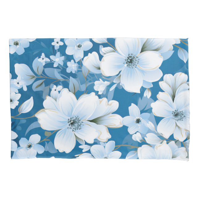 Housse D'oreillers motif, fleurs blanches, arrière - plan bleu, (devant)