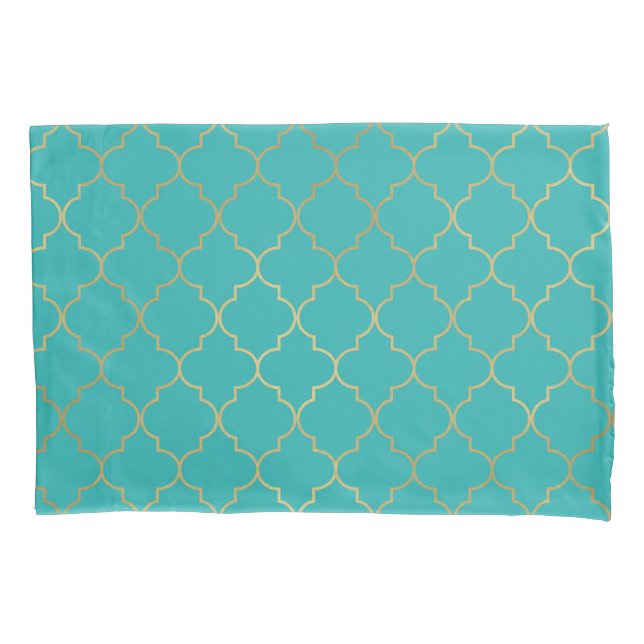 Housse D'oreillers Motif Quatrefoil turquoise et Gold (devant)
