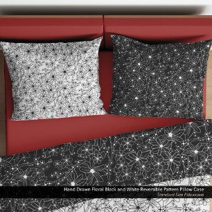 Housse D'oreillers Motif réversible noir floral tiré à la main