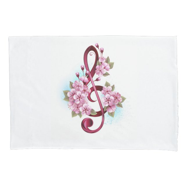 Housse D'oreillers Musical treble clef notes with sakura flowers (devant)