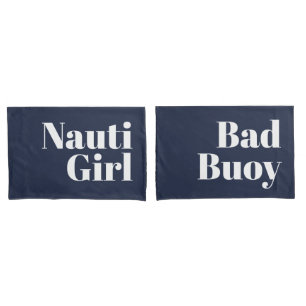 Housse D'oreillers Nauti Girl Bad Buoy Ses Hers White Script Nautique
