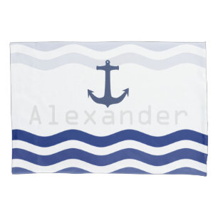 Housse D'oreillers Nautical Navy Waves and Ancre Nom personnalisé
