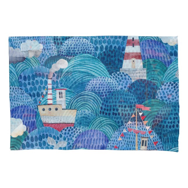 Housse D'oreillers Navires et phare : Aquarelle pour enfants (devant)
