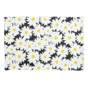 Housse D'oreillers Négative Space Daisies blanc jaune sur noir