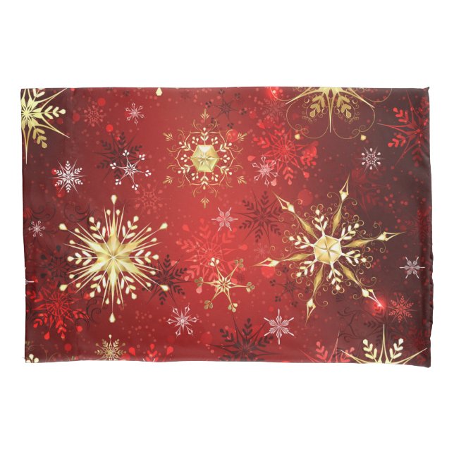 Housse D'oreillers Noël Golden Snowflakes sur Arrière - plan rouge (devant-gauche)