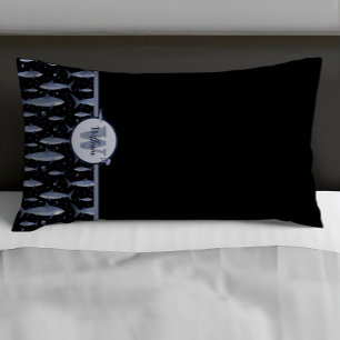Housse D'oreillers Nom + Aquarelle Monogramme Requin Noir et Bleu