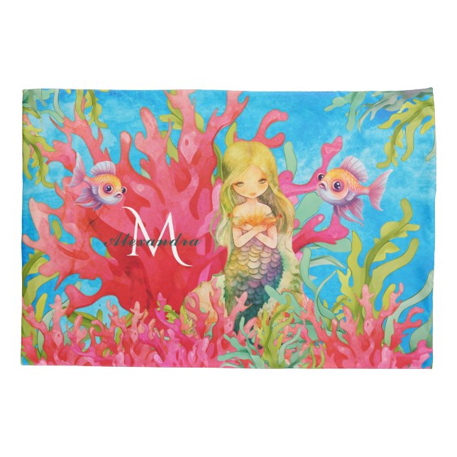 Housse D'oreillers Nom du monogramme bleu turquoise Mermaid (Dos)