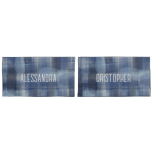 Housse D'oreillers Nom monogramme marine bleu aquarelle tartan plaid