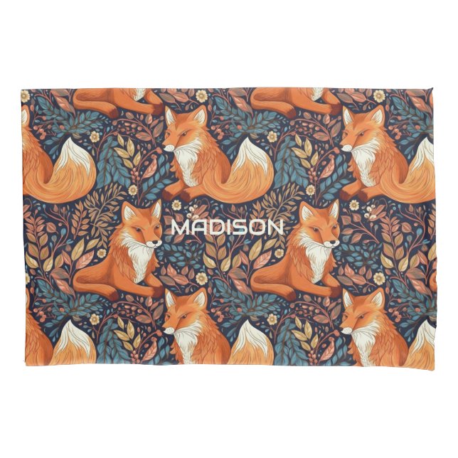 Housse D'oreillers Nom personnalisé Foxes et Motif de feuilles (devant)