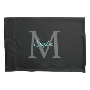 Housse D'oreillers Nom turquoise & Grand Monogramme Gris, Pilote Noir