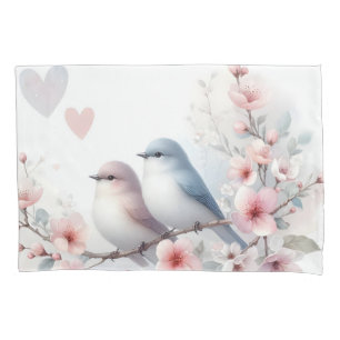 Housse D'oreillers Oiseaux de l'amour romantique Branche de fleurs de