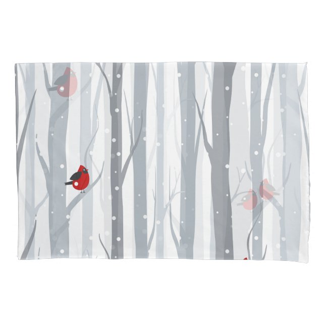 Housse D'oreillers Oiseaux d'hiver : Arbres gris, Oiseaux rouges (devant)