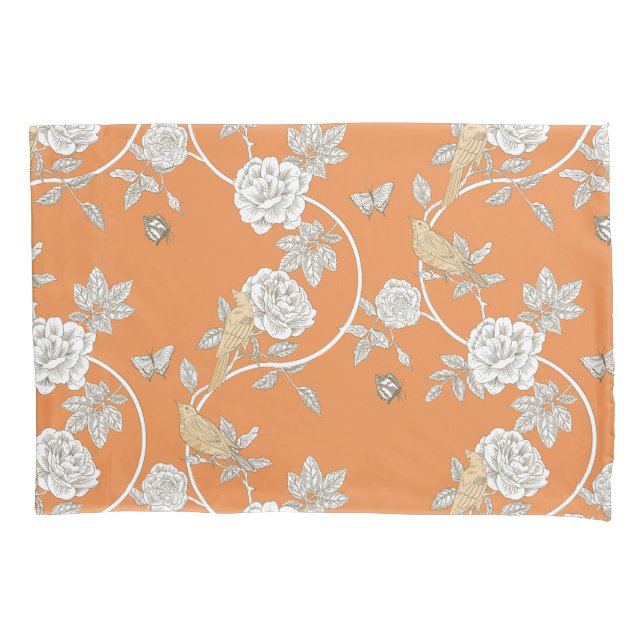 Housse D'oreillers Orange Chinoiserie Fleurs et oiseaux (devant)
