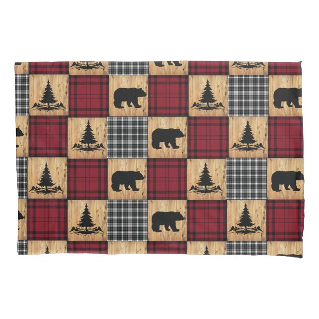 Housse D'oreillers Ours en carreaux de Buffalo rustiques Arbres Bois  (devant)