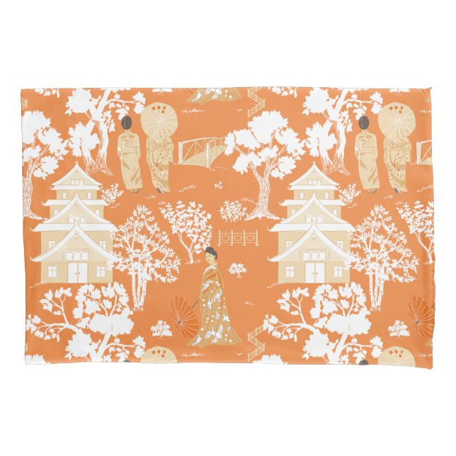 Housse D'oreillers Pagode de la Chinoiserie orange (devant)
