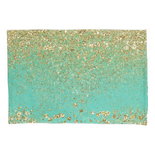 Housse D'oreillers Paillettes dorées en cascade & Aqua sarcelle Glamo