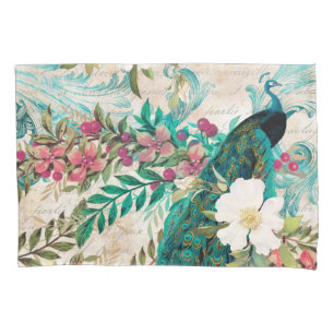 Housse D'oreillers Paon et fleurs illustrés antiques grunge