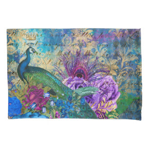 Housse D'oreillers Paon et fleurs illustrés antiques grunge