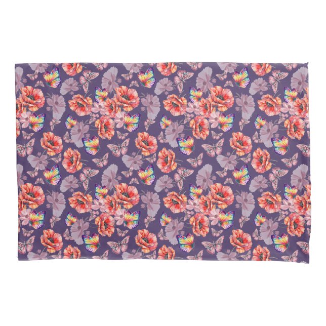 Housse D'oreillers Papillons et fleurs de pavot (devant)