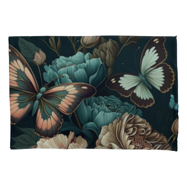 Housse D'oreillers Papillons et fleurs design classique foncé (devant)