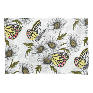 Housse D'oreillers Papillons Jézabel et fleurs marguerites sur blanc