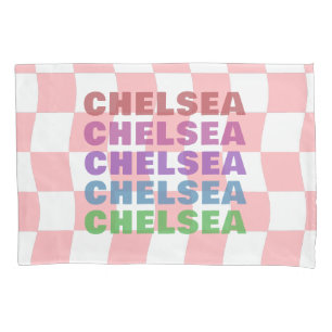 Housse D'oreillers Pastel Pink White Checkerboard Nom Typographie