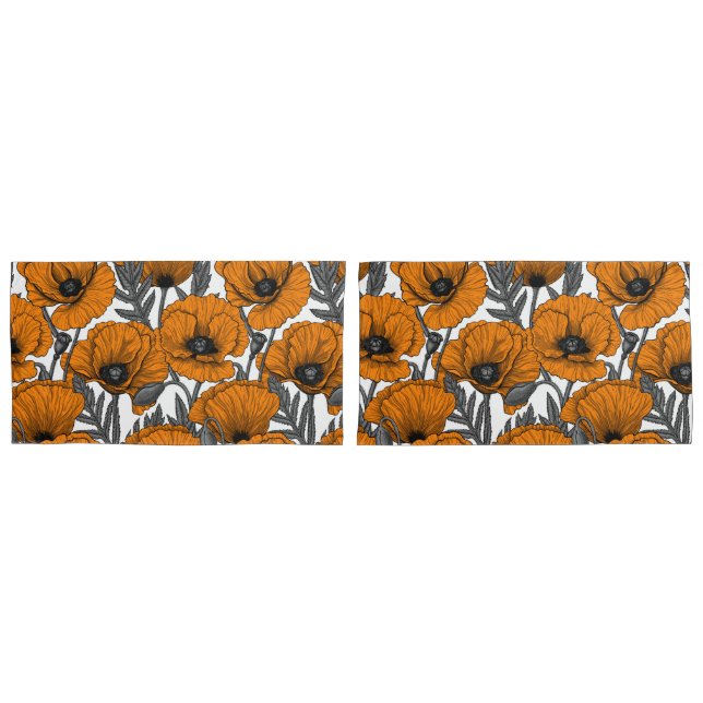 Housse D'oreillers Pavot orange sur blanc (devant-Set)