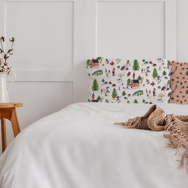 Housse D'oreillers Paysage de ski rose Wintersport imprimé (Wintersport pink ski landscape all-over print pillow case)