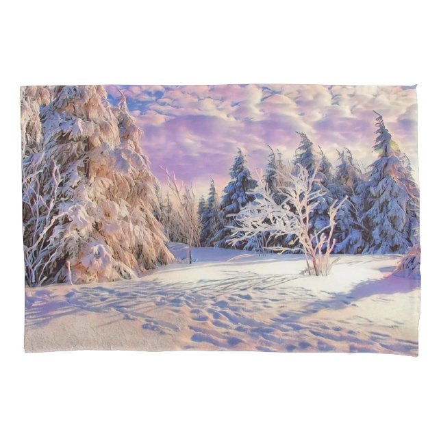 Housse D'oreillers Paysage hivernal avec l'aquarelle des arbres neigé (devant)