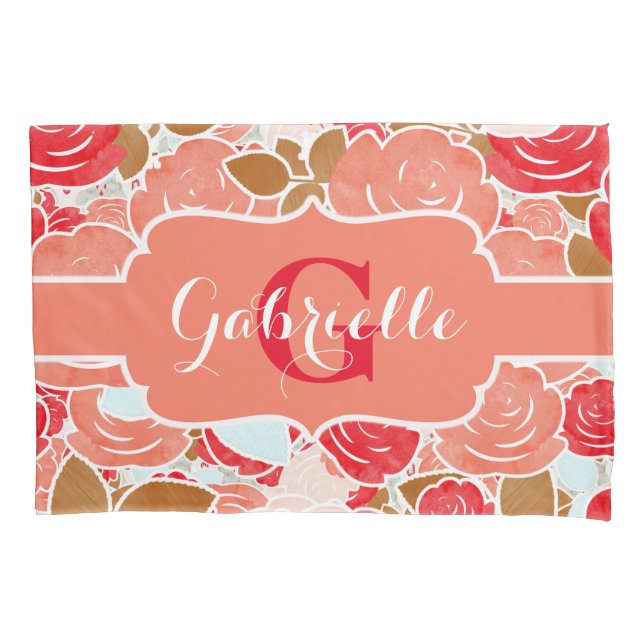 Housse D'oreillers Peach & Gold Aquarelle Rose Monogramme Floral (devant-gauche)