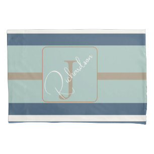 Housse D'oreillers Personnalisé Bleu Menthe Tan Rayure Monogramme Coa