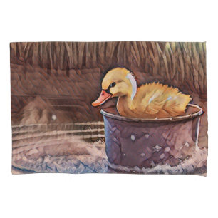 Housse D'oreillers Petit Canard Jaune Jouant Dans Le Seau