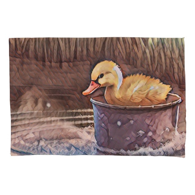 Housse D'oreillers Petit Canard Jaune Jouant Dans Le Seau (devant)