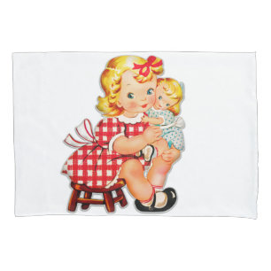 Housse D'oreillers Petite fille rétro vintage poupée enfant
